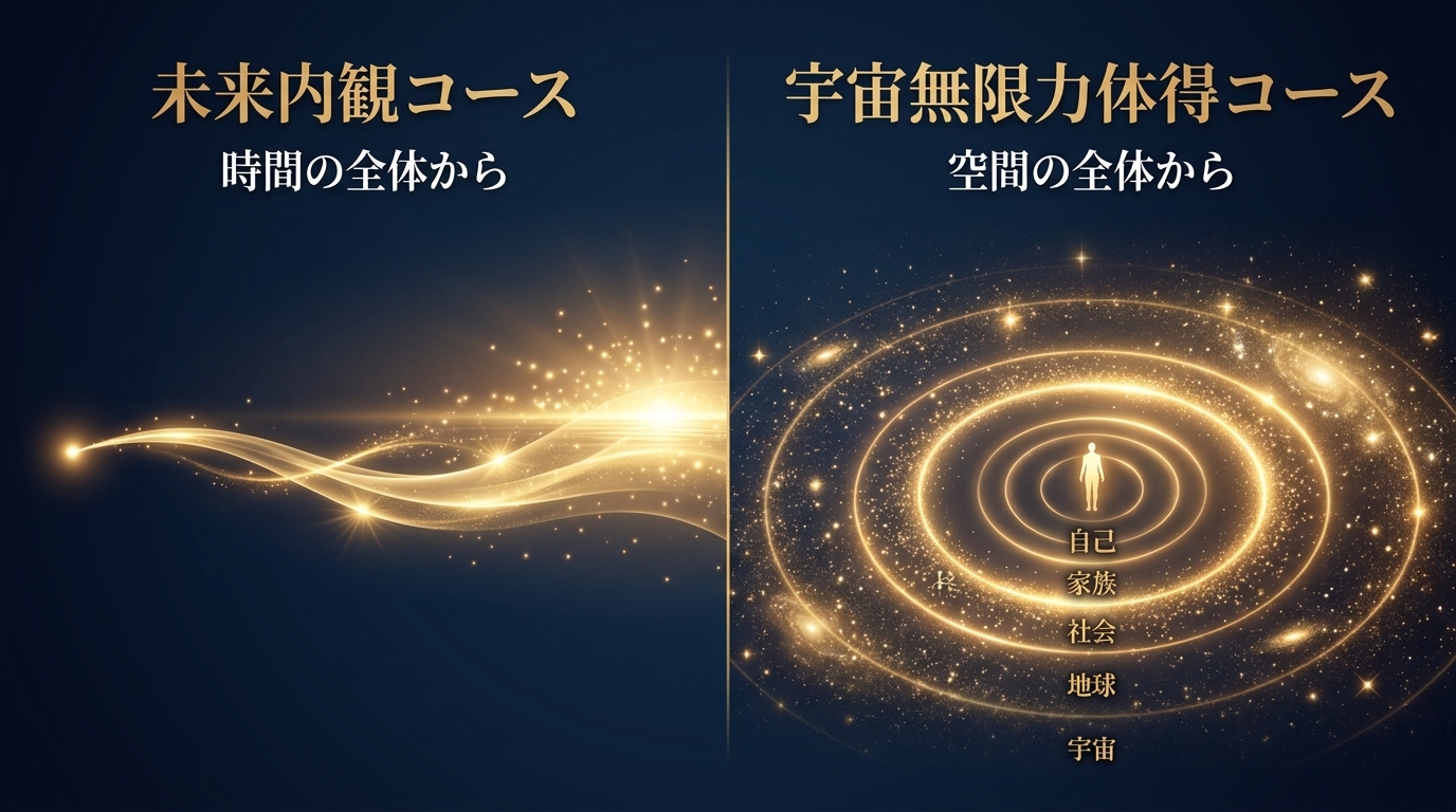 未来内観コースは時間の全体から、宇宙無限力体得コースは空間の全体から。自己・家族・社会・地球・宇宙へと広がる同心円。